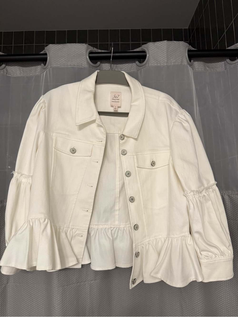 Cinq 7 White Ruffled Peplum Jean Jacket